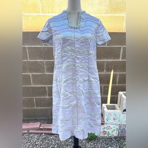 VINTAGE 1950s Brocade Midi Sheath Dress Metallic Purple Silver Beaded Neckline